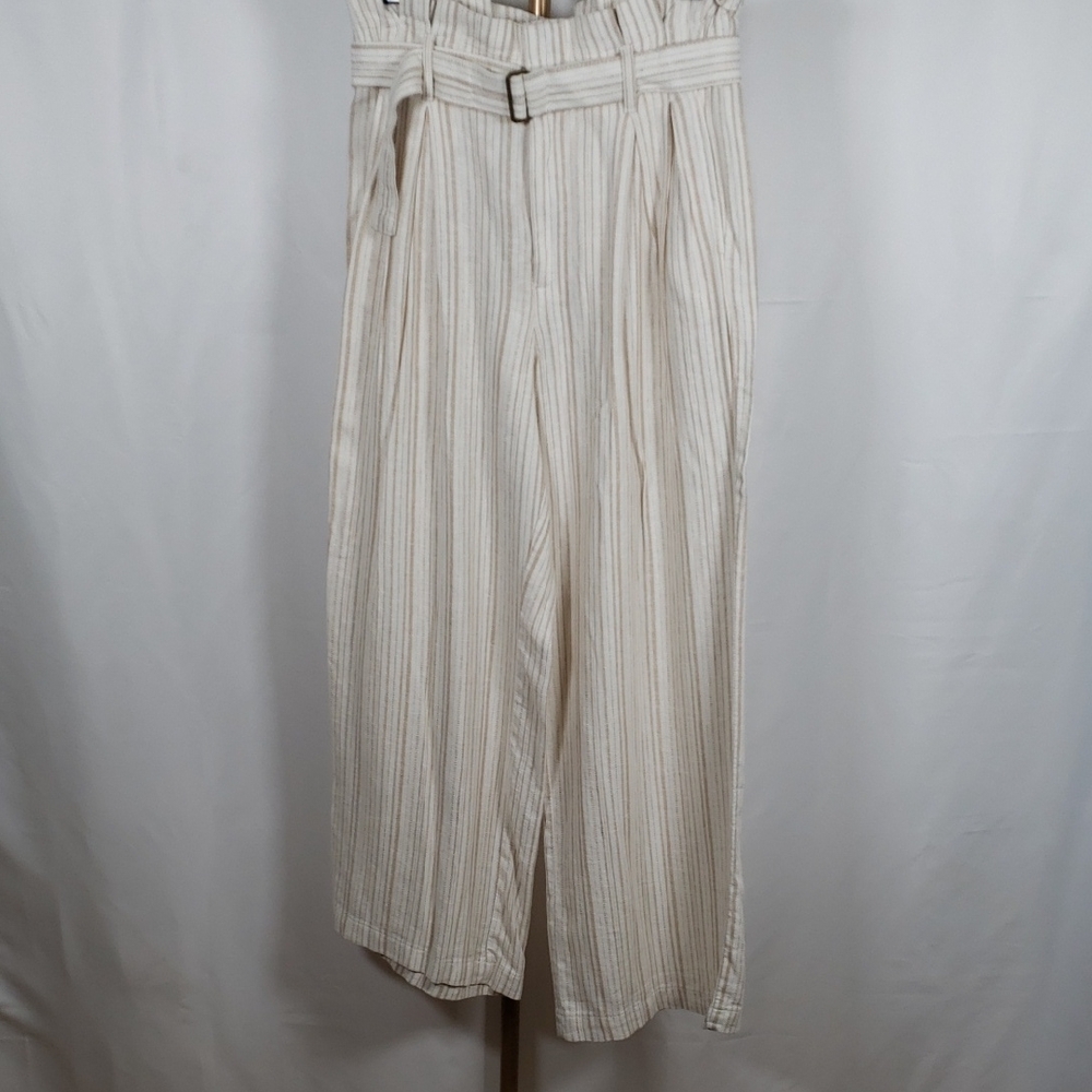Banana Republic Outlet Linen Wide Leg Pants Beige Striped‎ Size 4 NWT Belted